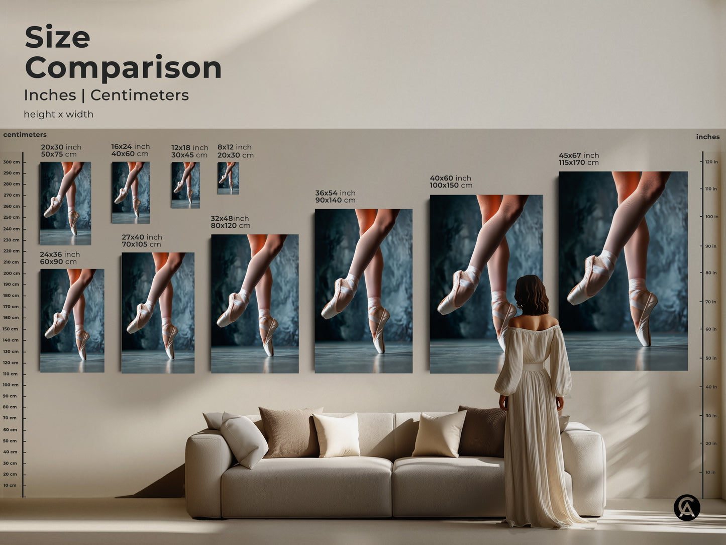 Size comparison for ballet art prints. Visualize the ballerina artwork in inches and centimeters. See how different sizes fit above a sofa. Choose the perfect scale for your space. Available in canvas and poster options. Find the ideal ballet art print.