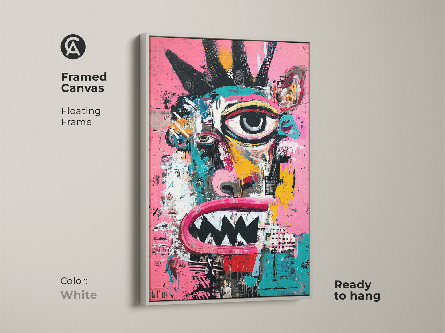 This framed canvas features an abstract face artwork. The floating frame is white. It is ready to hang. The contemporary art print adds a touch of punk rock. Perfect for modern art collectors. The vibrant colors and bold strokes are eye-catching.