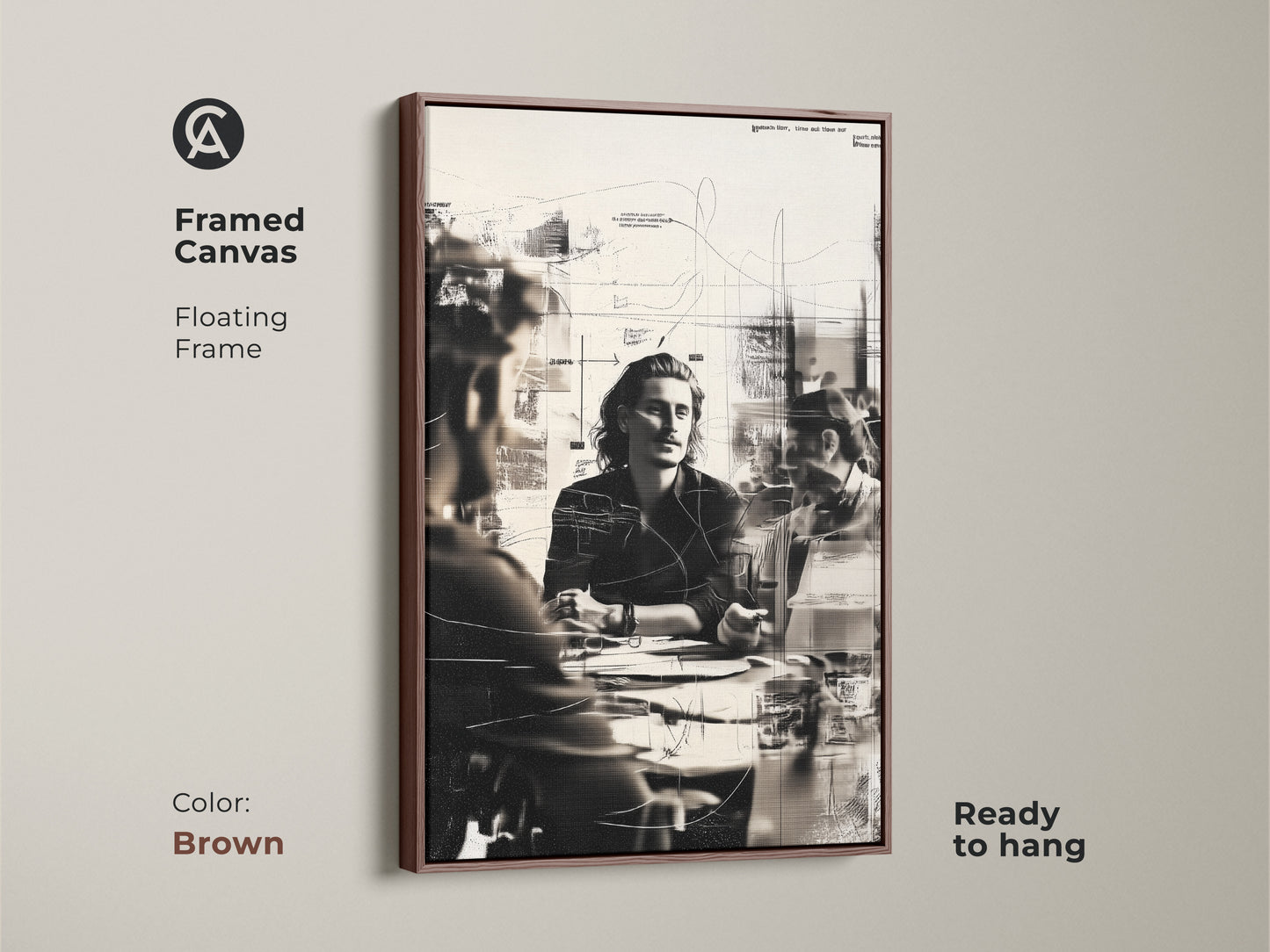 Framed canvas showcasing an abstract collage art of people in a business meeting. The floating brown frame adds a warm touch. Ready to hang this contemporary office artwork enhances any workspace. This people sketch print is perfect for executive office decor.
