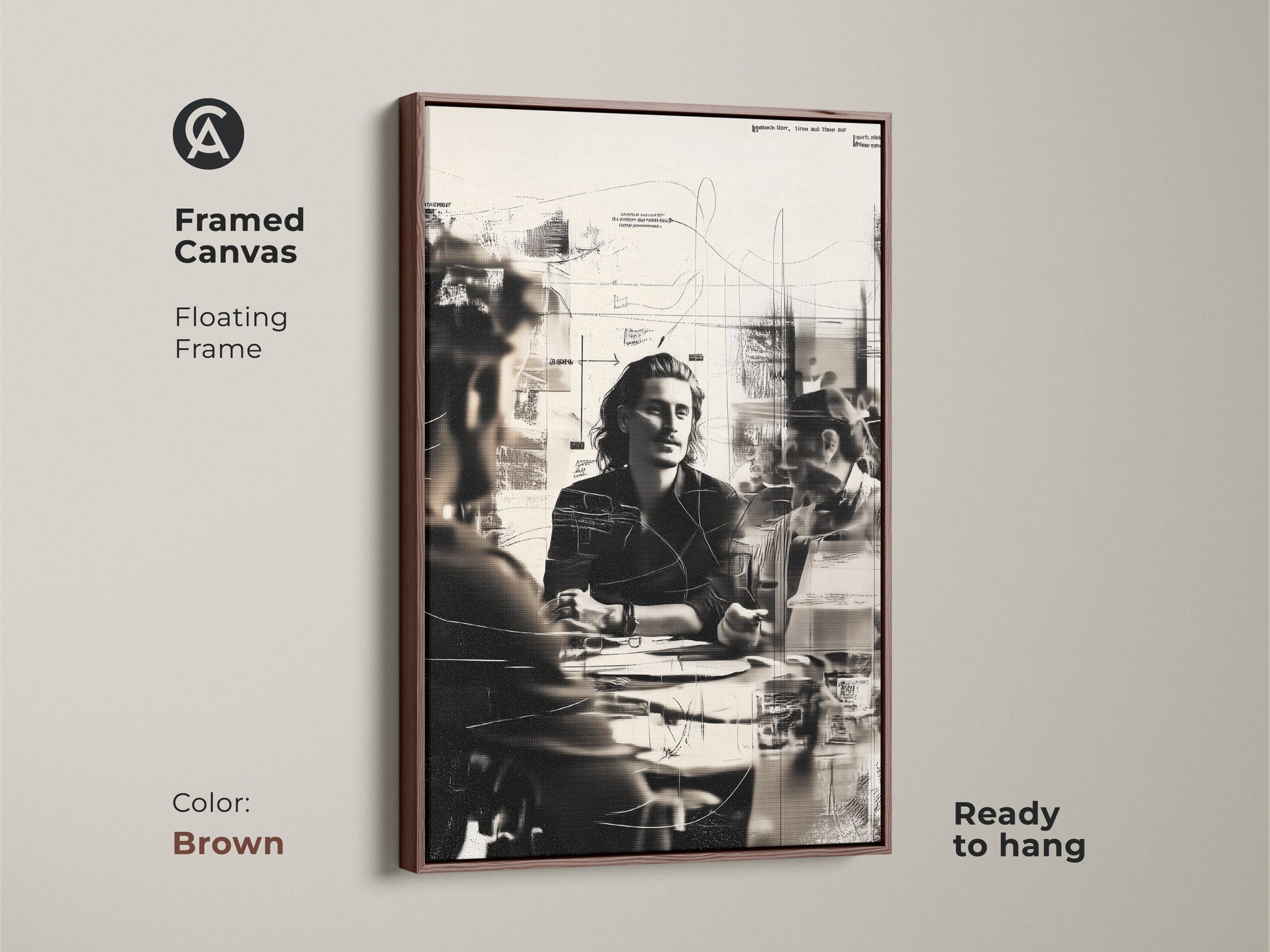 Framed canvas showcasing an abstract collage art of people in a business meeting. The floating brown frame adds a warm touch. Ready to hang this contemporary office artwork enhances any workspace. This people sketch print is perfect for executive office decor.