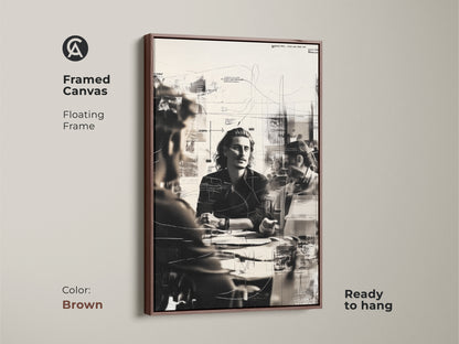 Framed canvas showcasing an abstract collage art of people in a business meeting. The floating brown frame adds a warm touch. Ready to hang this contemporary office artwork enhances any workspace. This people sketch print is perfect for executive office decor.