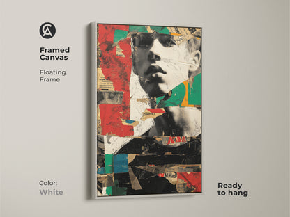 White framed canvas of an eclectic man portrait art print. This urban collage wall art features a retro newspaper style. Red green and black abstract art for any space.