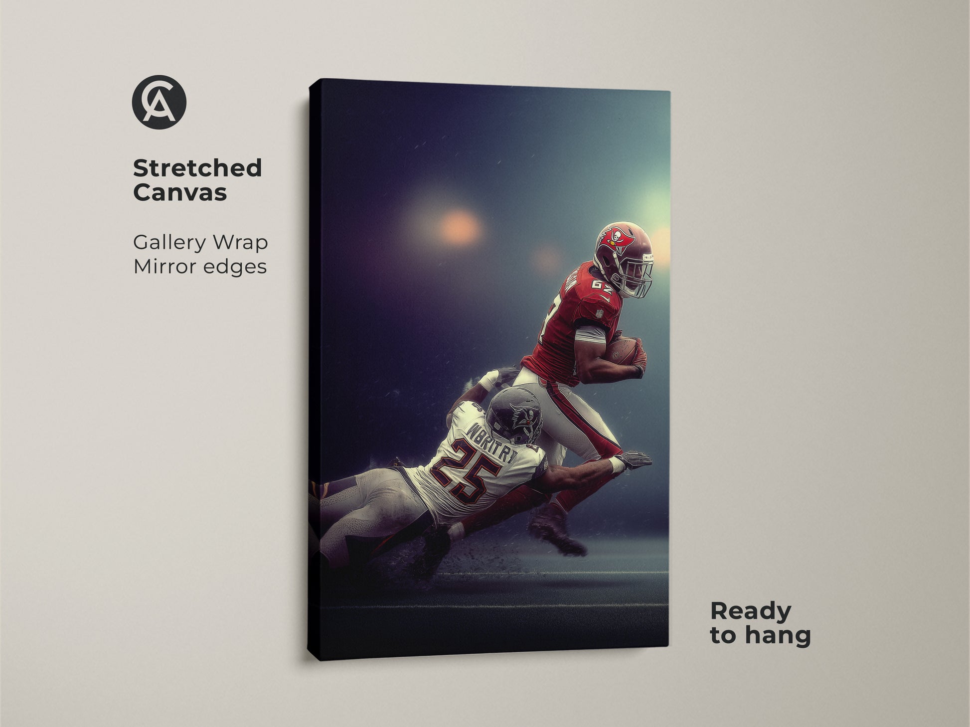 Rolled American Football Player Tackled Poster Print. This sports action wall decor is easy to frame. This man cave wall hanging is a perfect gift for football fans. Featuring red white and blue this artwork adds a sporty vibe to any space