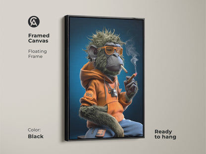 This is a black framed canvas of a graffiti monkey art print. The urban street art canvas features a monkey in an orange hoodie smoking. Its ready to hang. This eclectic home decor is a cool hip hop fan gift.