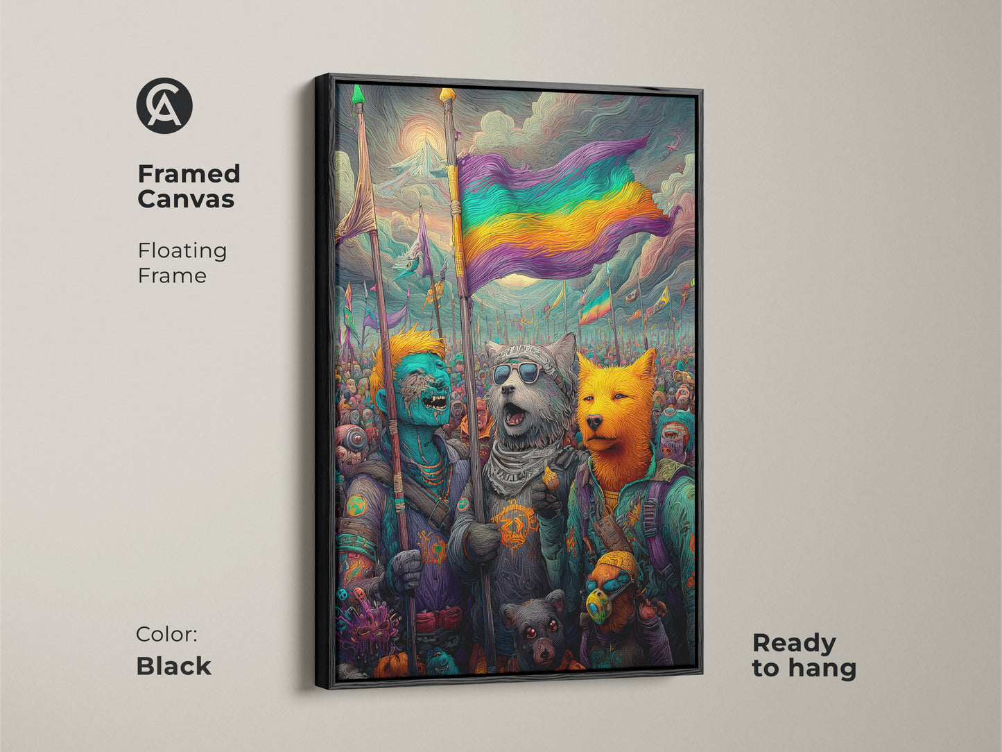 A framed canvas with a floating frame showcases a fantasy-themed artwork. The artwork features animal-like figures holding a rainbow flag. The black frame adds a touch of elegance. This ready-to-hang piece brings a vibrant symbol of diversity to your walls.