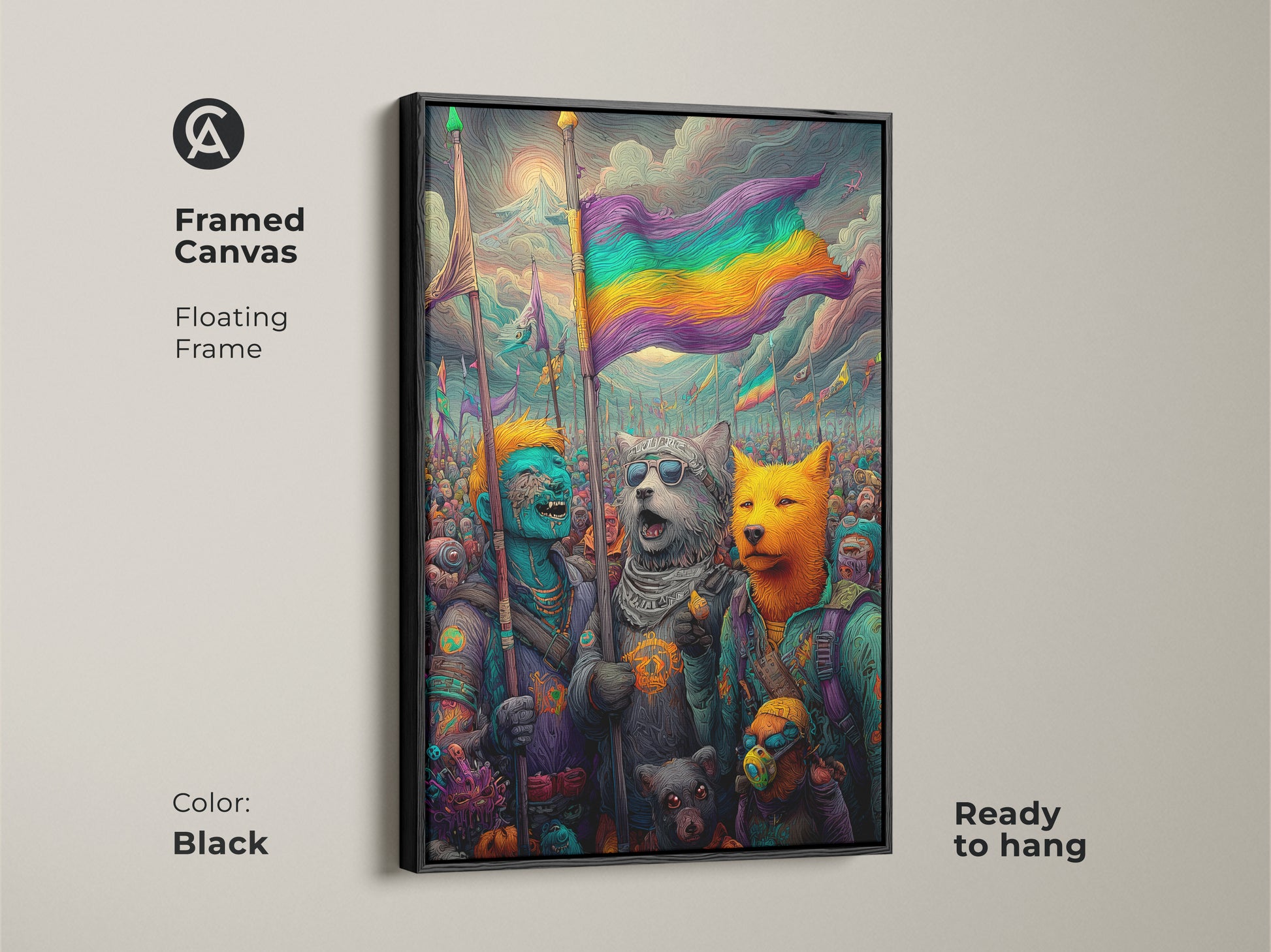 A framed canvas with a floating frame showcases a fantasy-themed artwork. The artwork features animal-like figures holding a rainbow flag. The black frame adds a touch of elegance. This ready-to-hang piece brings a vibrant symbol of diversity to your walls.
