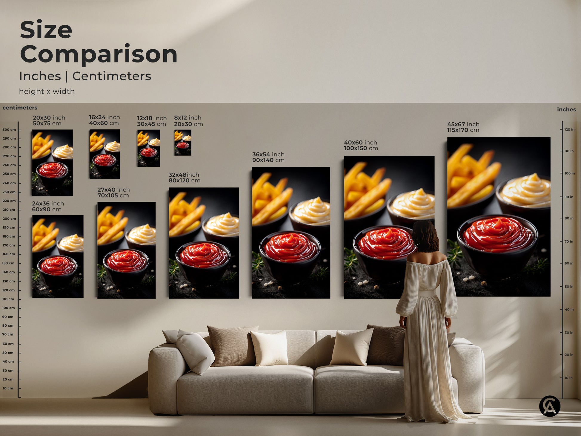 Size comparison of ketchup mayo and fries art prints in inches and centimeters. This modern food photography is available in various sizes. Visualize how each canvas or poster print fits in your home. Ideal for adding a playful touch to your kitchen or dining room decor. Perfect for food lovers.