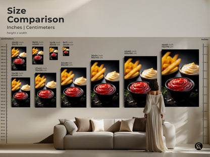 Size comparison of ketchup mayo and fries art prints in inches and centimeters. This modern food photography is available in various sizes. Visualize how each canvas or poster print fits in your home. Ideal for adding a playful touch to your kitchen or dining room decor. Perfect for food lovers.