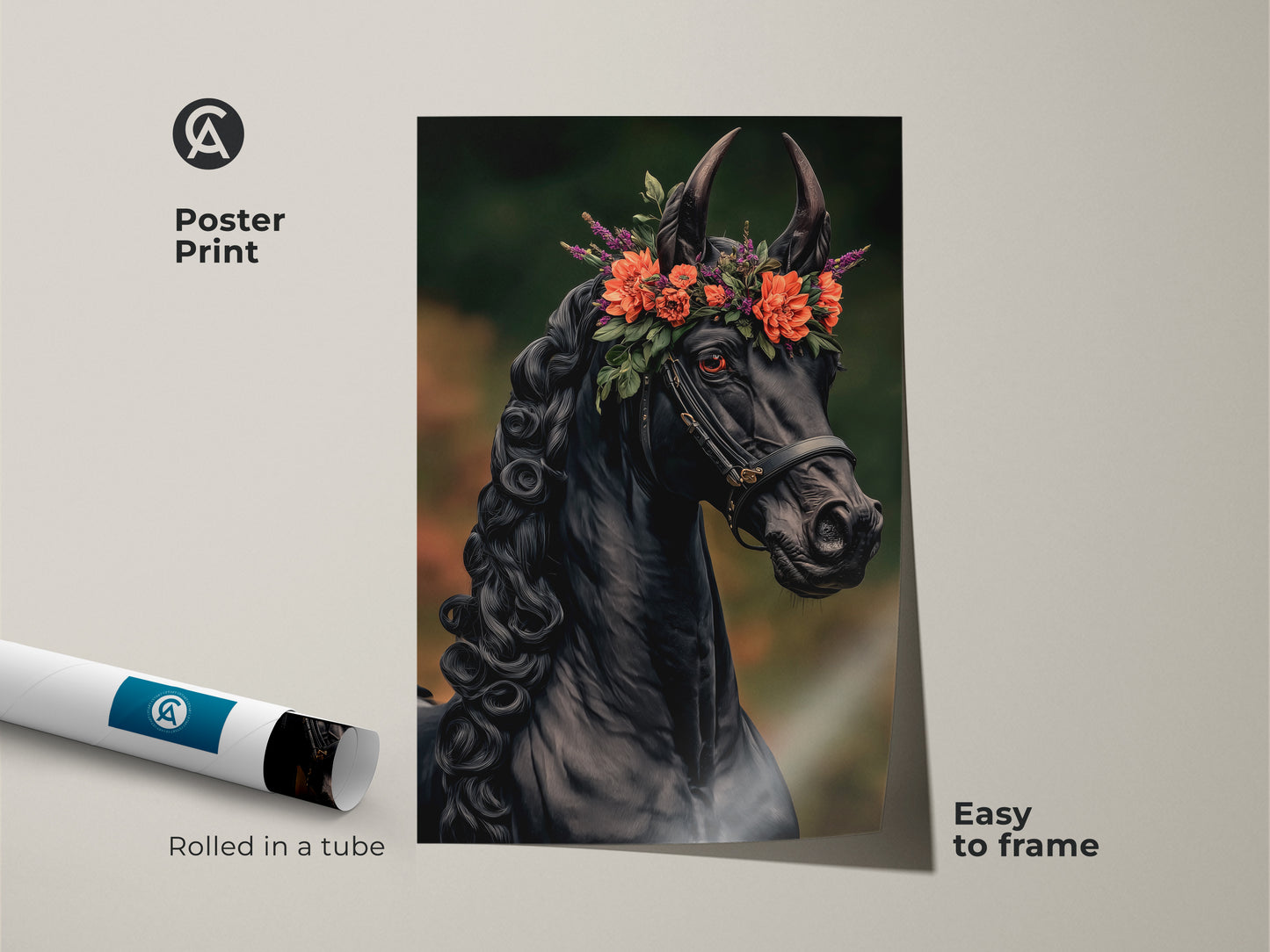 Poster print of a black horse with a floral crown rolled in a tube ready to frame. This fantasy equine portrait is easy to display. Perfect for dark academia or eclectic home decor themes. A great gift for equestrian art collectors.