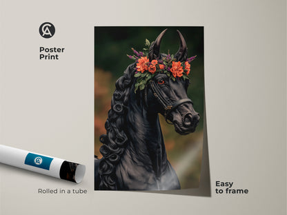 Poster print of a black horse with a floral crown rolled in a tube ready to frame. This fantasy equine portrait is easy to display. Perfect for dark academia or eclectic home decor themes. A great gift for equestrian art collectors.