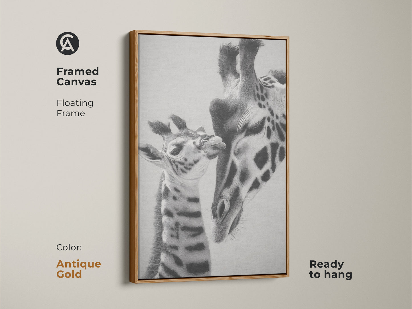 Framed canvas featuring a black and white giraffe. It is a realistic pencil sketch of a mother and baby giraffe. Ready to hang this antique gold framed artwork is a unique animal art gift for animal lovers.