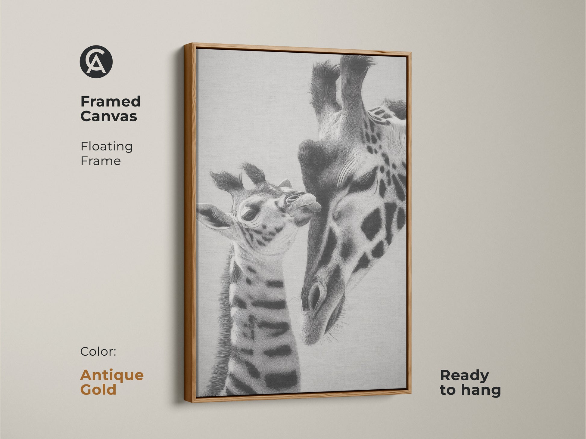 Framed canvas featuring a black and white giraffe. It is a realistic pencil sketch of a mother and baby giraffe. Ready to hang this antique gold framed artwork is a unique animal art gift for animal lovers.