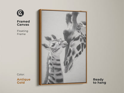 Framed canvas featuring a black and white giraffe. It is a realistic pencil sketch of a mother and baby giraffe. Ready to hang this antique gold framed artwork is a unique animal art gift for animal lovers.