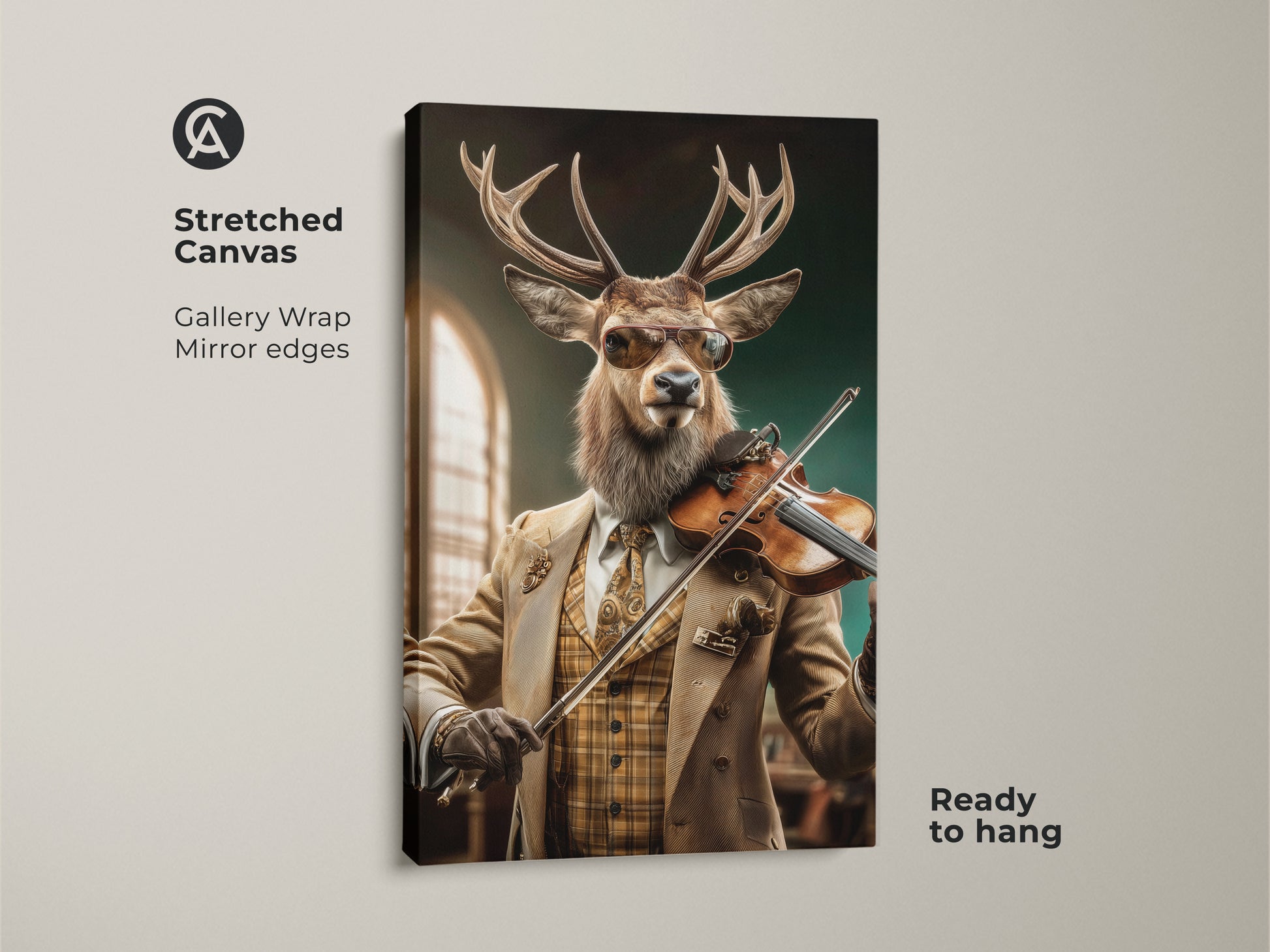 Stretched canvas print featuring a surreal deer playing violin. This animal musician artwork is ready to hang with gallery wrapped mirror edges. It is perfect for adding an eclectic touch to a study room or office space. Tan brown and green art adds a unique focal point as eclectic wall decor.