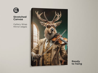 Stretched canvas print featuring a surreal deer playing violin. This animal musician artwork is ready to hang with gallery wrapped mirror edges. It is perfect for adding an eclectic touch to a study room or office space. Tan brown and green art adds a unique focal point as eclectic wall decor.