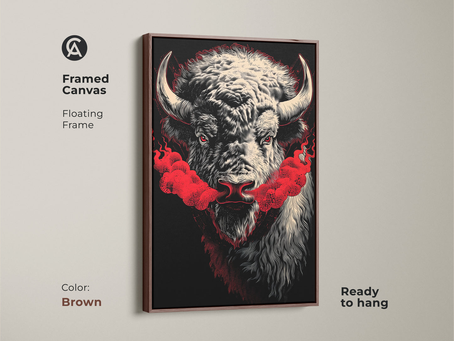 A framed canvas print of a buffalo head. Red smoke comes from the buffalo's nose. The frame is brown and the canvas is ready to hang. Buy this unique buffalo artwork for your home. The warm brown frame will suit your space.
