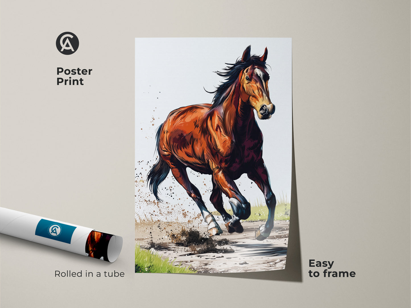 A chestnut horse poster print rolled in a tube. Easy to frame for a rustic touch. Expressive wildlife art captures the dynamic energy of a galloping animal. Ideal for study or farmhouse decor.