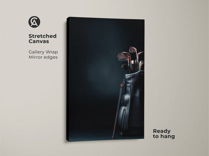 Gallery wrapped canvas art print of golf clubs. Golf clubs are in a black leather bag against a dark background. The canvas wrap has mirrored edges and is ready to hang. A great gift for golf enthusiasts. Get yours now.