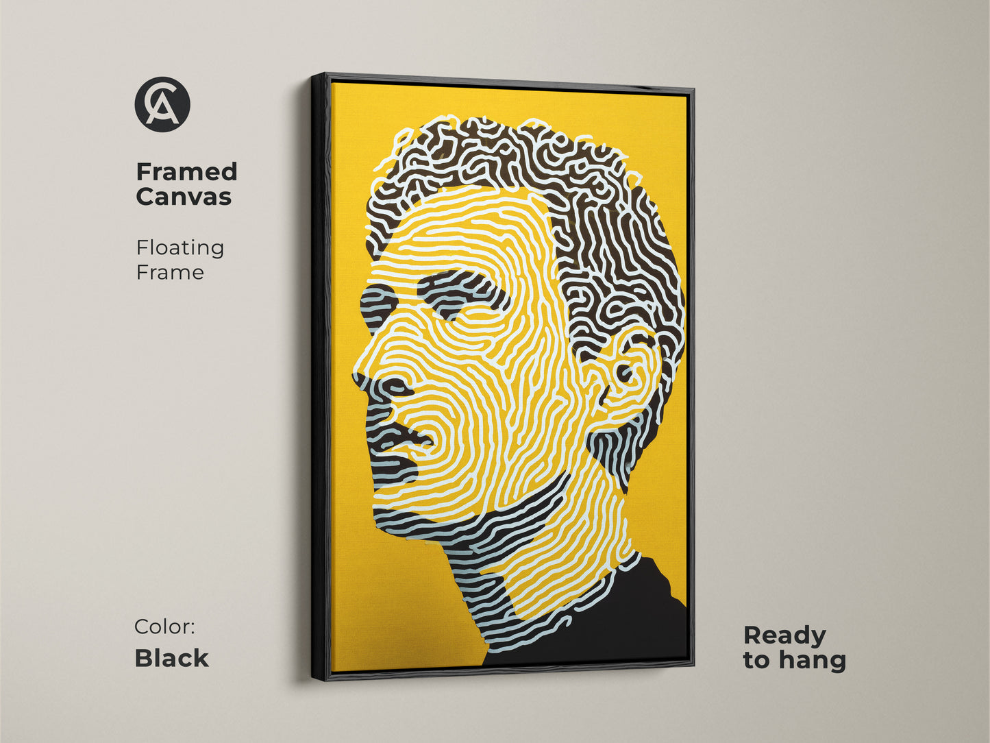 Framed canvas art print with a black floating frame. The artwork features a man's profile. The yellow background makes the lines pop. It arrives ready to hang. Elevate your space with this modern portrait art.