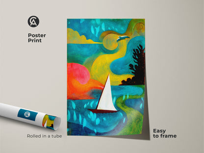 This poster print features a colorful abstract ocean scene. A sailboat and bird accent a teal yellow green artwork. It's an easy to frame coastal art print. Perfect bohemian travel wall decor for art lovers.