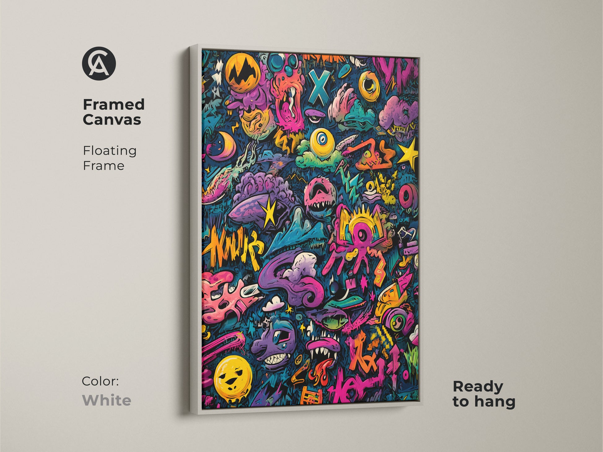 Framed canvas art with a white floating frame. The graffiti artwork features colorful characters and shapes. This ready-to-hang piece is perfect for a modern home. The white frame provides a clean contrast to the vibrant art. It's a striking addition to any art collection.