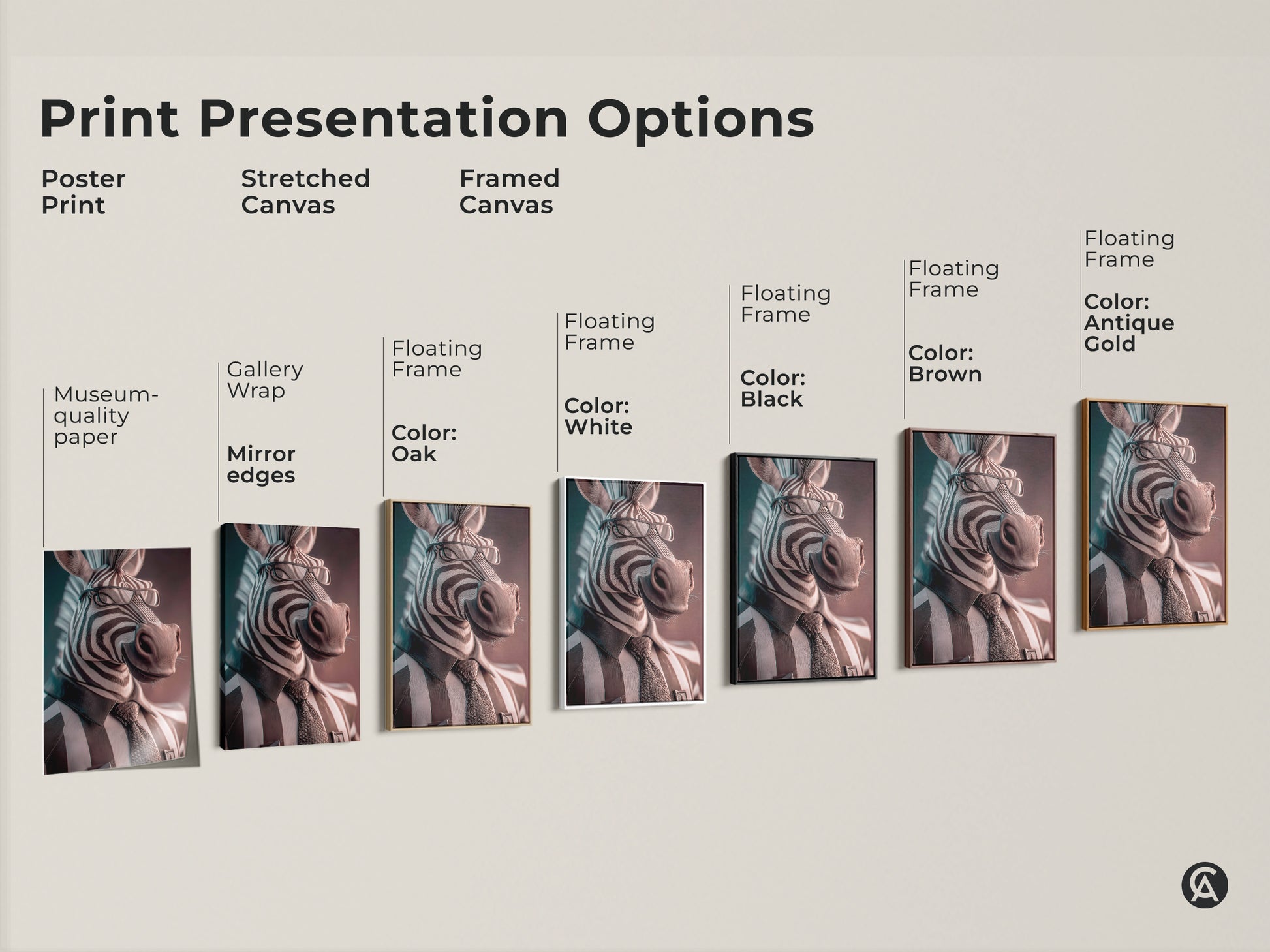 Explore print presentation options for zebra artwork. Choose from poster print stretched canvas or framed canvas. Options include museum quality paper gallery wrap and floating frame. There are multiple sizes and styles available.