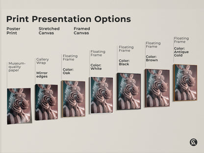 Explore print presentation options for zebra artwork. Choose from poster print stretched canvas or framed canvas. Options include museum quality paper gallery wrap and floating frame. There are multiple sizes and styles available.
