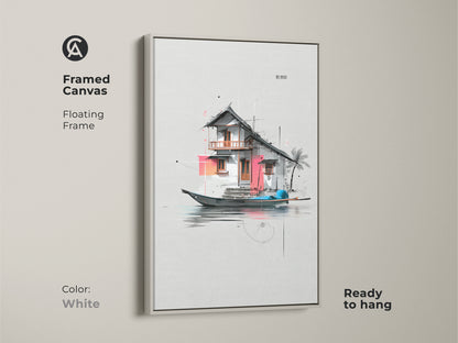 Framed canvas with a white floating frame showing an architectural floating house art. This minimalist artwork is ready to hang. A modern piece of contemporary home decor.