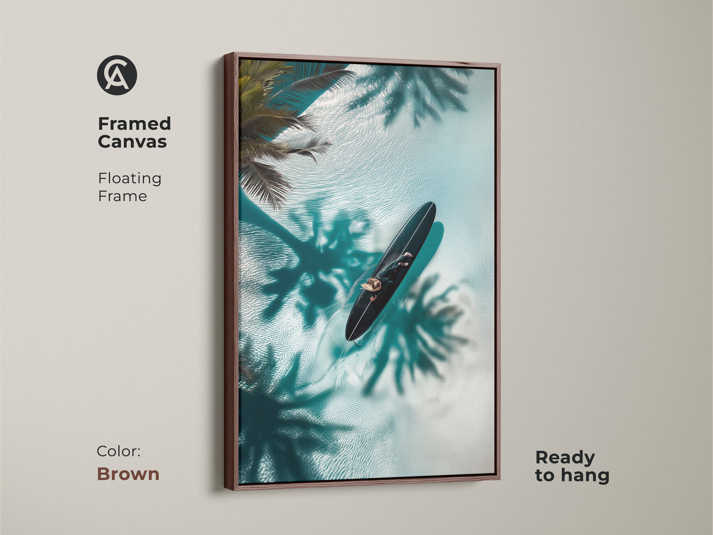 Bring warmth to your walls with this framed canvas art in brown. The artwork shows a person on a surfboard in clear water. The floating frame enhances the tropical vibe with palm shadows. This ready-to-hang piece adds a cozy feel to your home. Ideal for those seeking unique artwork.