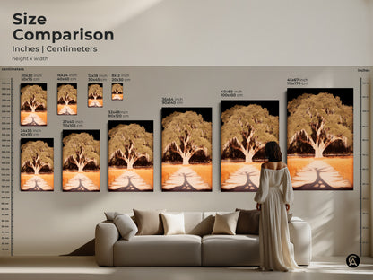 A size comparison shows various dimensions for the tree artwork. It shows how the art fits in a residential space. Find the ideal art size to enhance your home. This guide helps visualize the artwork's impact.