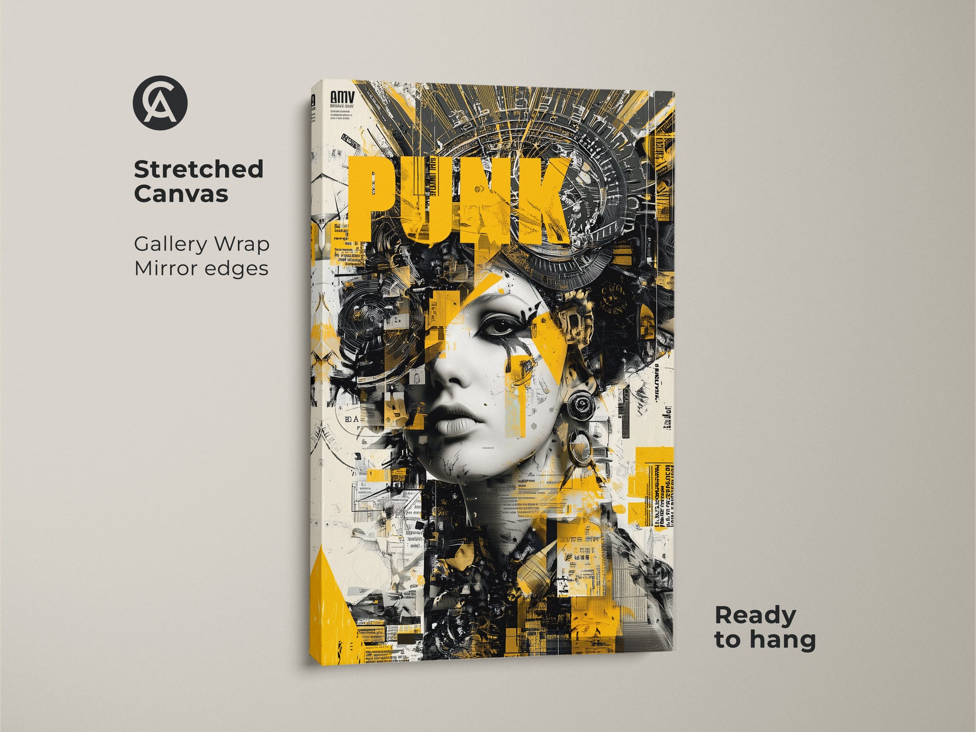 Stretched canvas art featuring a woman with punk style headwear. Gallery wrapped with mirrored edges this piece is ready to hang. The artwork uses yellow black and white colors.