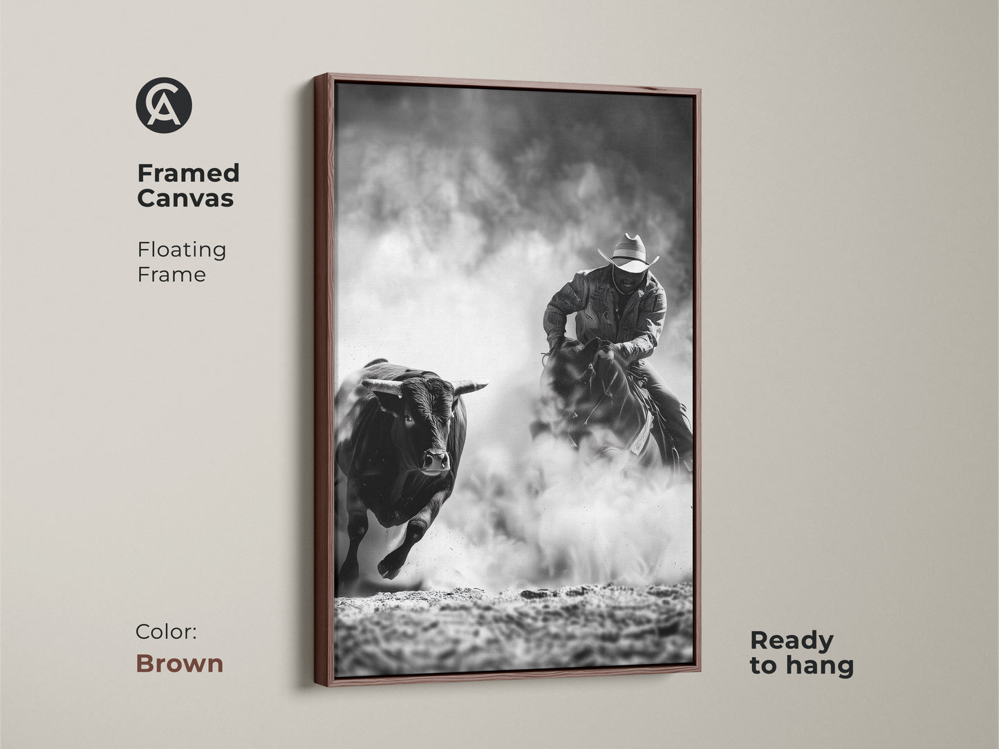 Framed canvas art shows a cowboy riding a bull. The Western action scene print is monochrome cowboy decor. This grayscale bull art is perfect for a man cave. Ready to hang with a floating frame in brown.