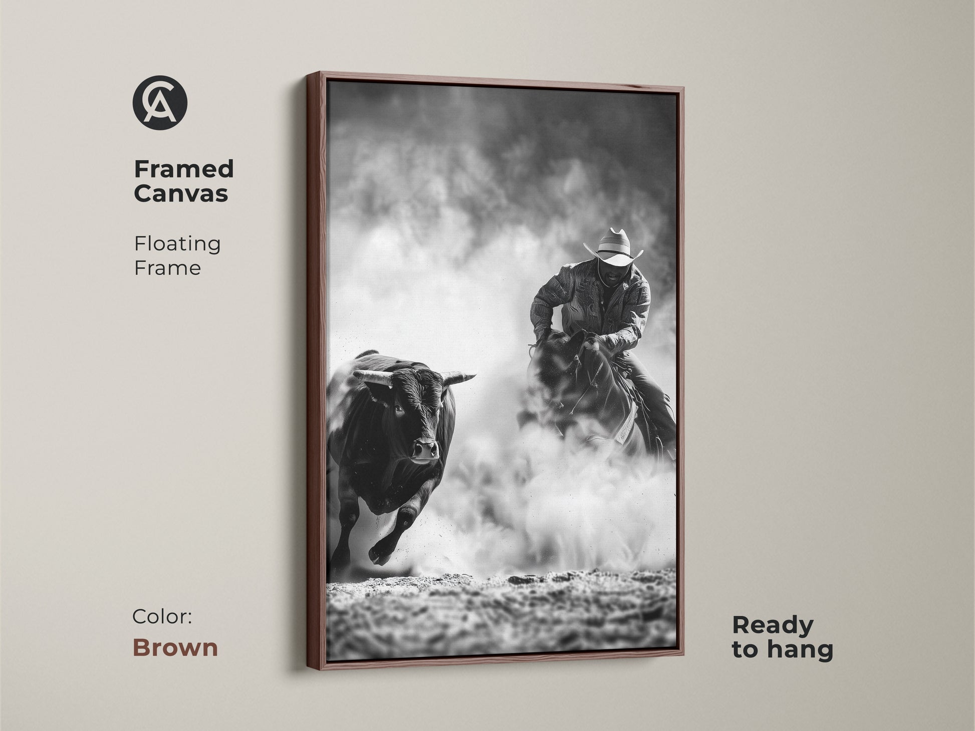 Framed canvas art shows a cowboy riding a bull. The Western action scene print is monochrome cowboy decor. This grayscale bull art is perfect for a man cave. Ready to hang with a floating frame in brown.