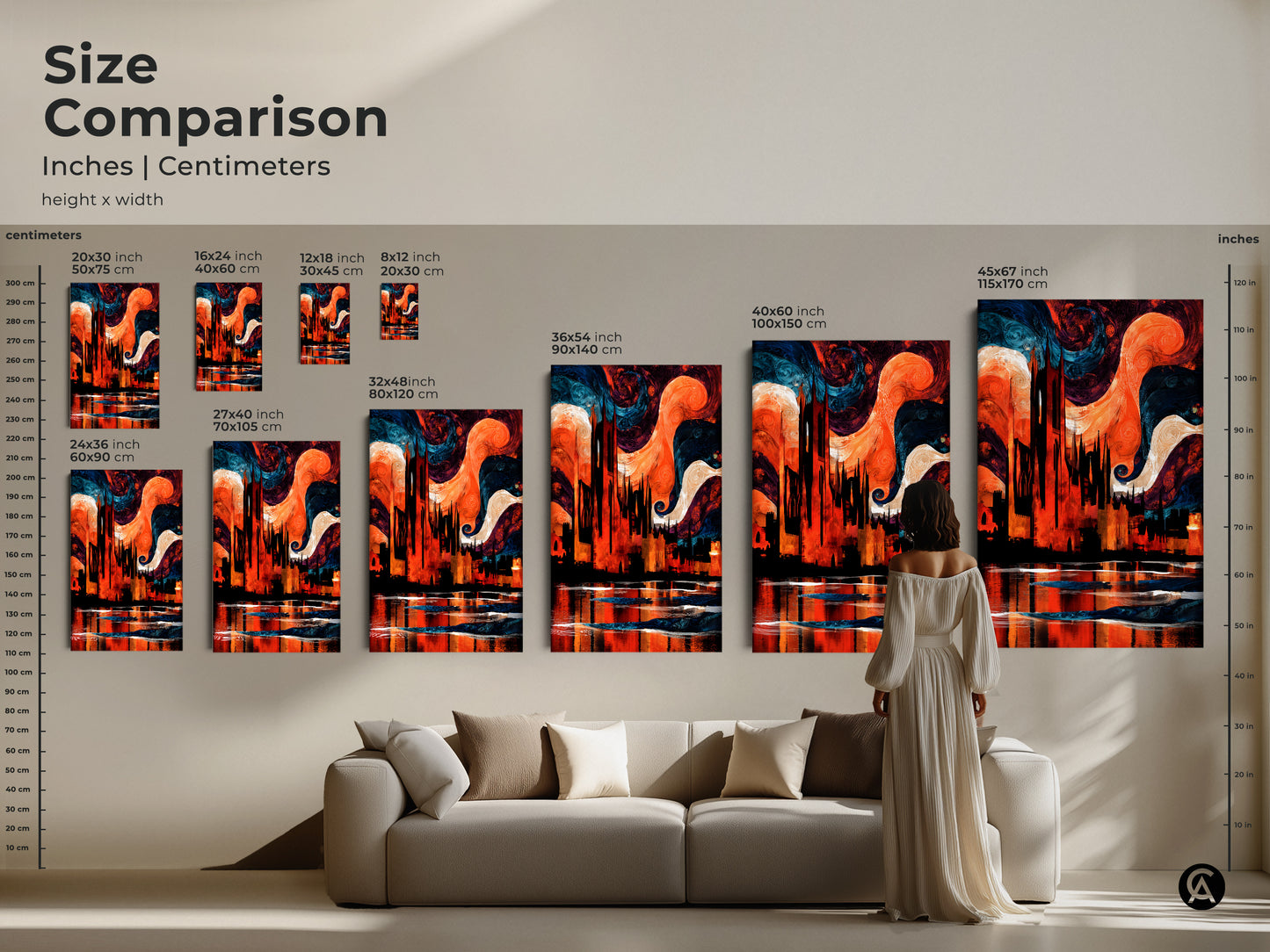 Size Comparison in inches and centimeters. See the Abstract Expressionist Cityscape canvas artwork in various sizes displayed above a sofa. Find the perfect fit for your eclectic modern home decor needs. It is a housewarming gift.