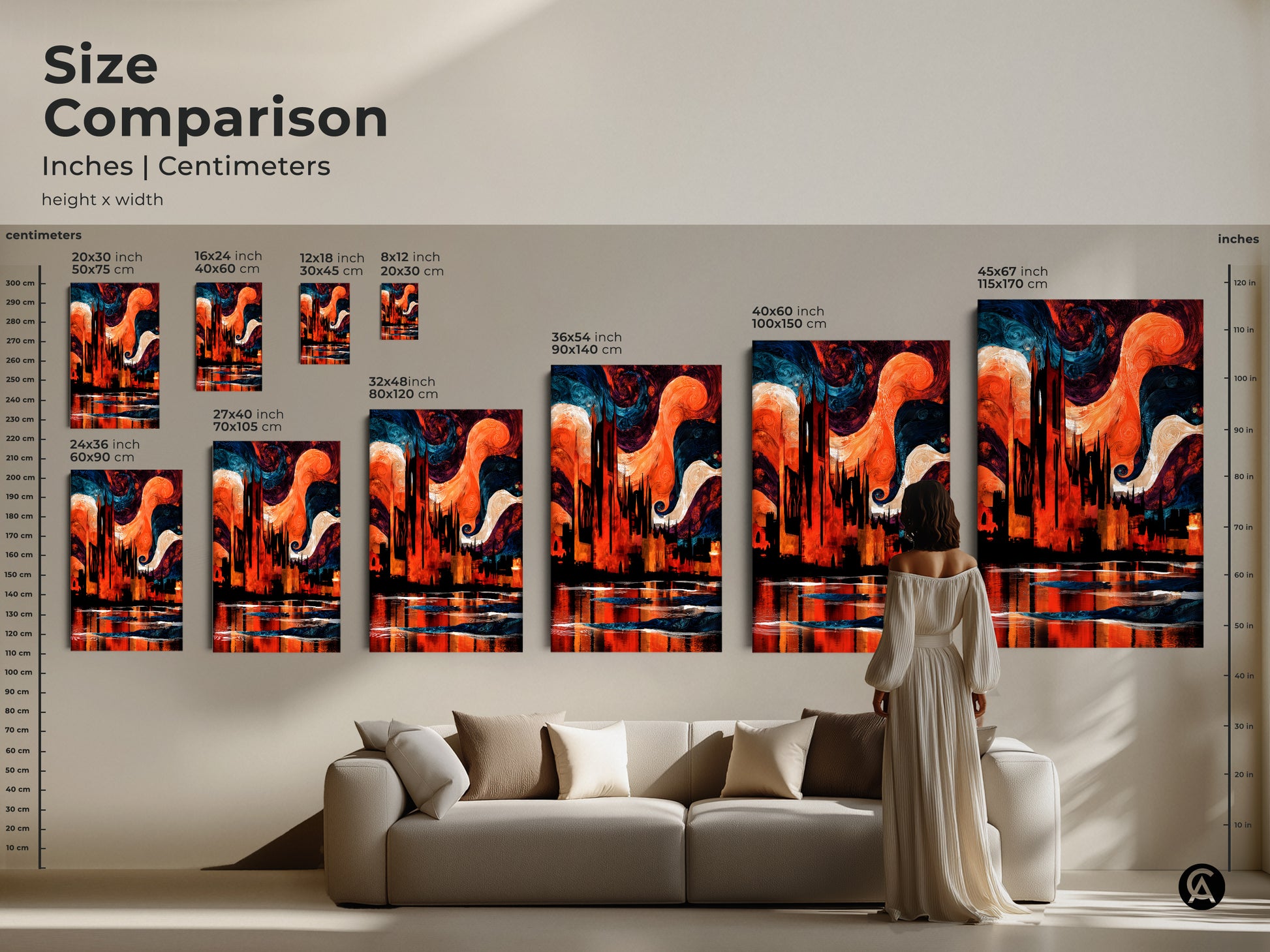Size Comparison in inches and centimeters. See the Abstract Expressionist Cityscape canvas artwork in various sizes displayed above a sofa. Find the perfect fit for your eclectic modern home decor needs. It is a housewarming gift.