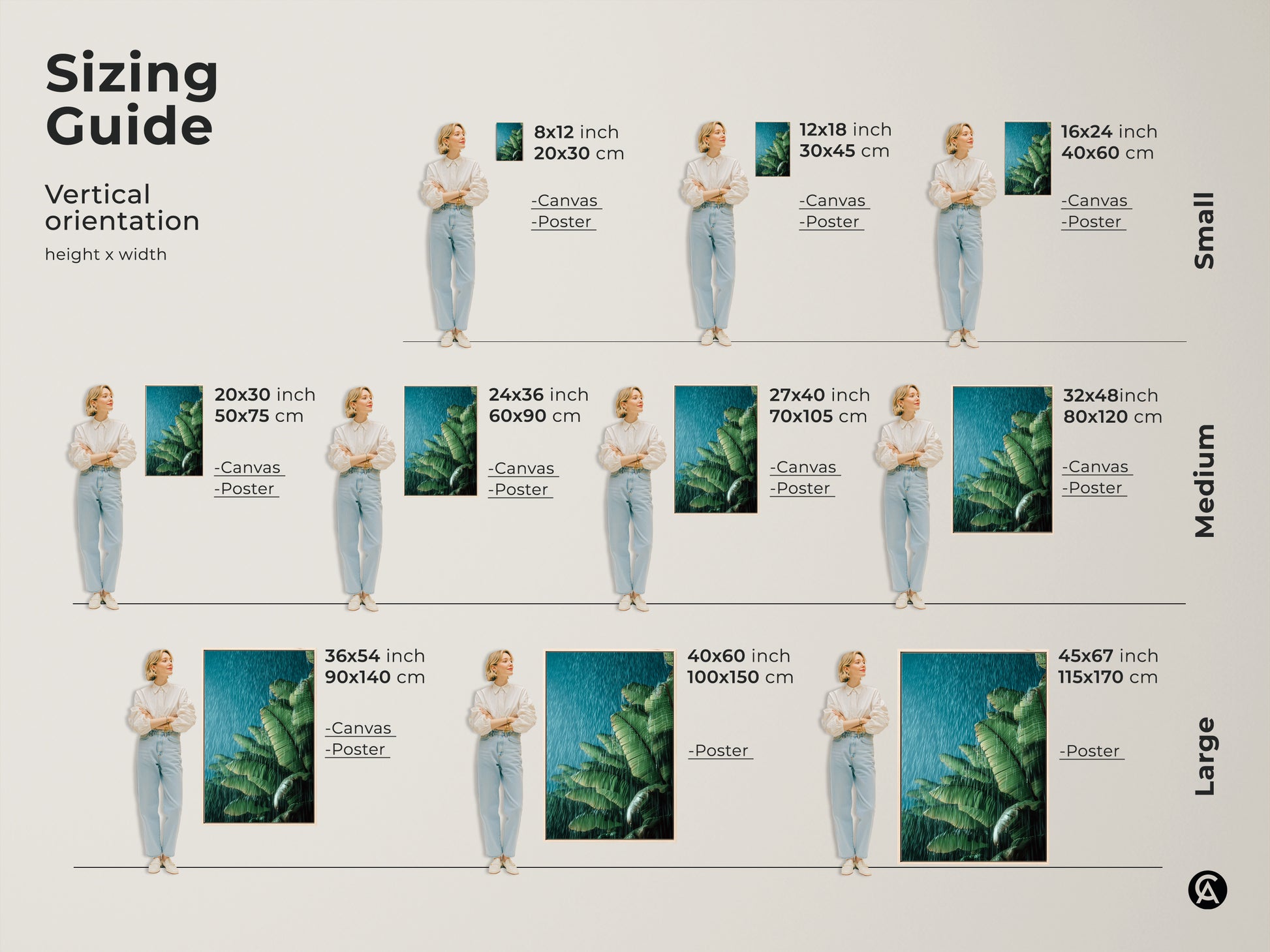 Sizing guide for green teal tropical art print featuring banana leaves. Find vertical orientation options in canvas or poster. Sizes range from small 8x12 inch to large 45x67 inch. Perfect botanical wall art for any space. Choose the ideal size to bring nature's tranquility to your home decor.