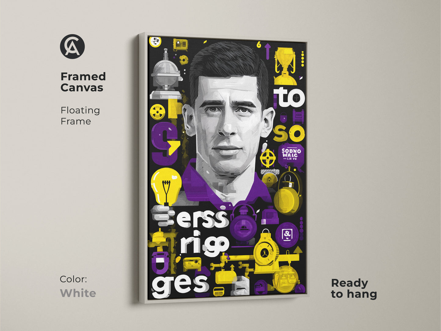 Framed canvas art in white frame. The purple yellow man portrait is ready to hang. Typography art decor is inspirational. Contemporary man portrait is modern office wall art. Great home decor.