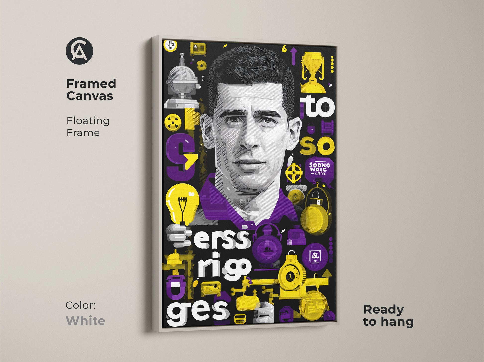 Framed canvas art in white frame. The purple yellow man portrait is ready to hang. Typography art decor is inspirational. Contemporary man portrait is modern office wall art. Great home decor.