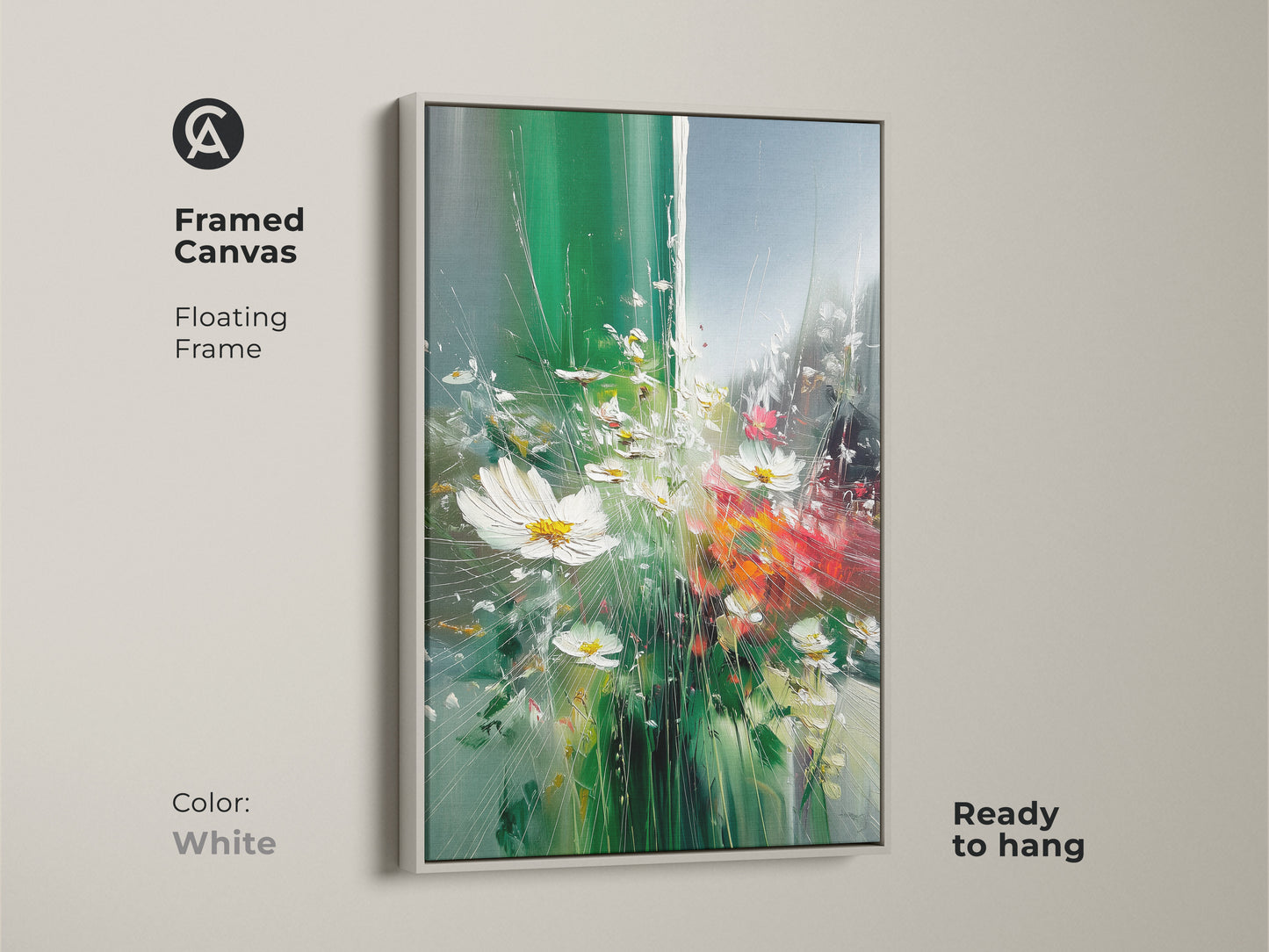 Framed canvas print featuring impressionistic daisies. White floating frame complements the emerald green wildflower artwork. This botanical nature wall art is ready to hang. It adds an eclectic touch. Perfect spring floral wall decor.