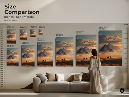 Compare the sizes of this artwork in inches and centimeters. The Egyptian pyramids and camel caravan are beautifully displayed. Various sizes are showcased on a living room wall. Find the ideal size for your eclectic home art print today.