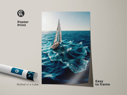 Easy to frame poster print of a sailboat on ocean waves. Deep blue nautical artwork rolled in a tube. Coastal art print that brings the sea to your space. This sailing ship art is a great gift for him. It adds seaside charm to any room decor.