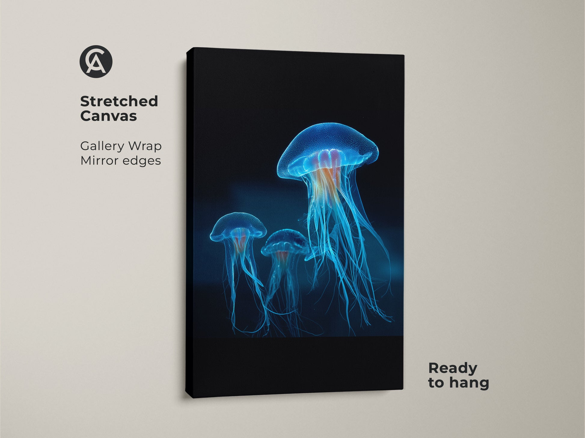A stretched canvas featuring bioluminescent jellyfish art is ready to hang. Gallery wrap with mirror edges enhances this electric blue ocean wall art. It's abstract underwater glow print on premium canvas.