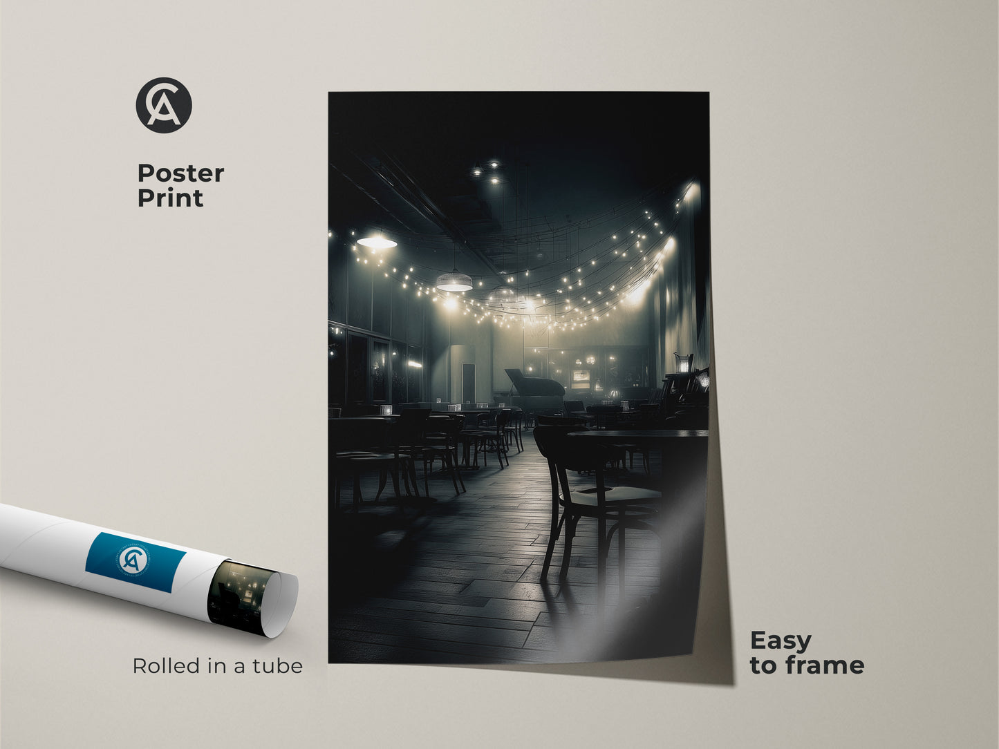 This poster print features a vintage-style cafe interior. The black and white artwork shows string lights illuminating the scene. Rolled in a tube it's easy to frame. Add subtle elegance to your walls with this art.
