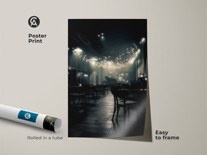 This poster print features a vintage-style cafe interior. The black and white artwork shows string lights illuminating the scene. Rolled in a tube it's easy to frame. Add subtle elegance to your walls with this art.