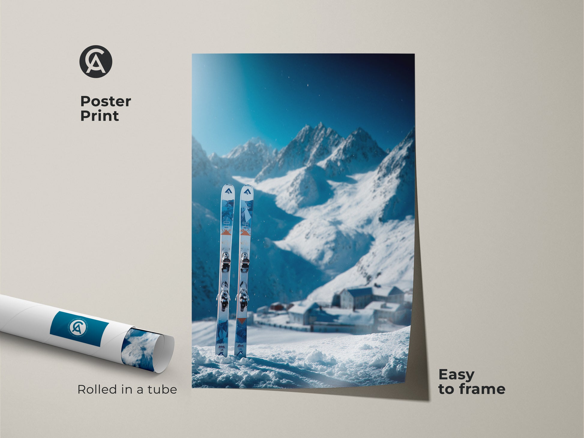 Poster print of a ski art. A winter mountain scene is in the background. The skis are standing in the snow. This poster print is easy to frame. Buy this ski poster print today.