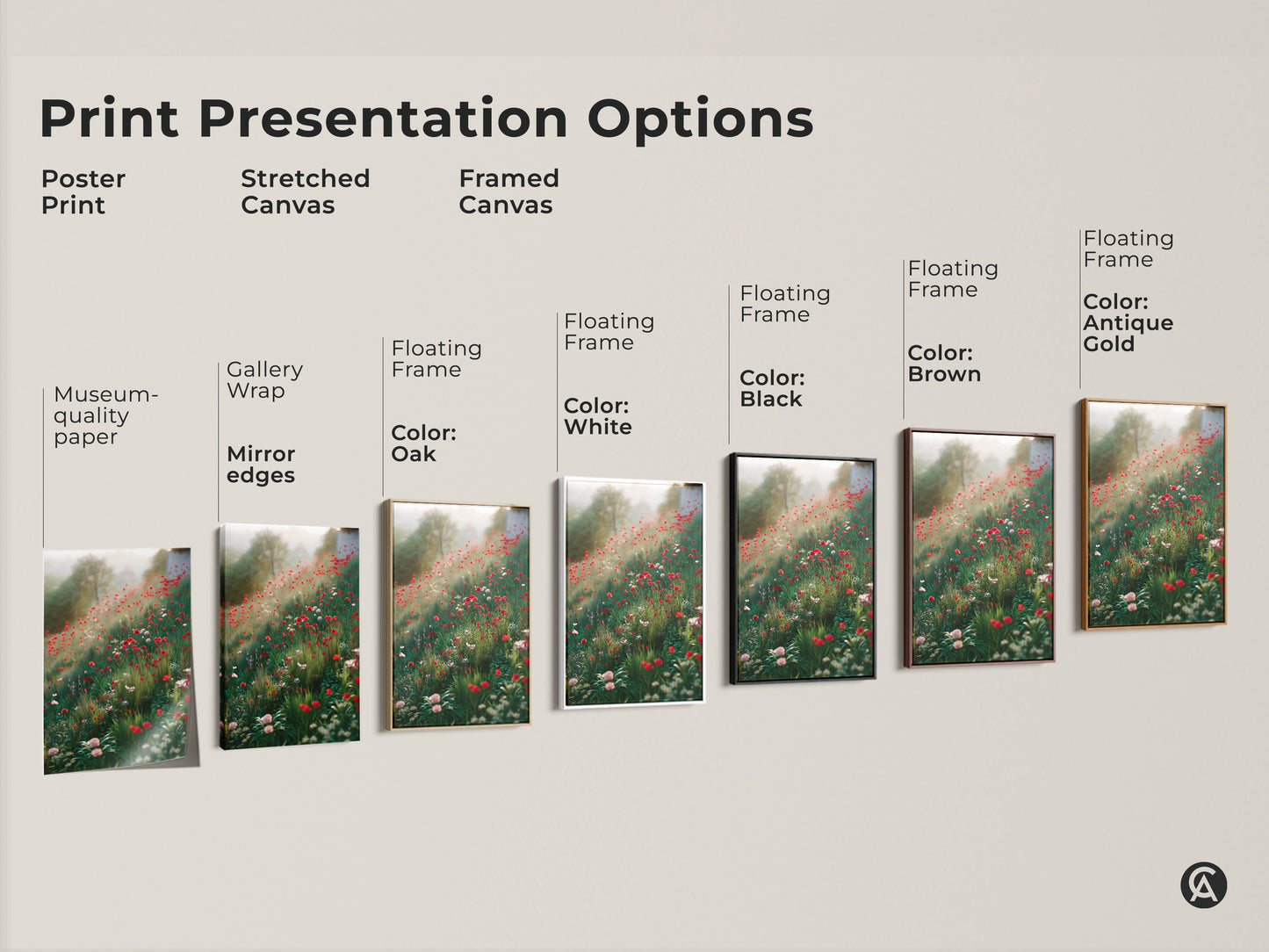 Explore print presentation options for boho poppy field wall art. Choose from poster prints stretched canvas and framed canvas. Each option enhances the dreamy impressionistic wildflower artwork. Find the perfect style for your space.