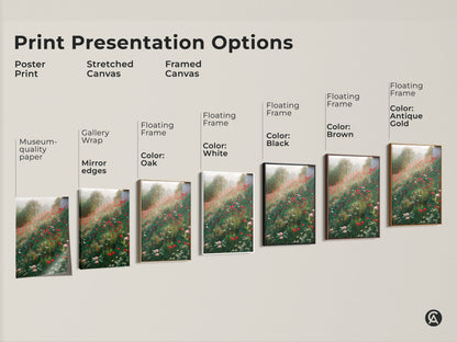 Explore print presentation options for boho poppy field wall art. Choose from poster prints stretched canvas and framed canvas. Each option enhances the dreamy impressionistic wildflower artwork. Find the perfect style for your space.