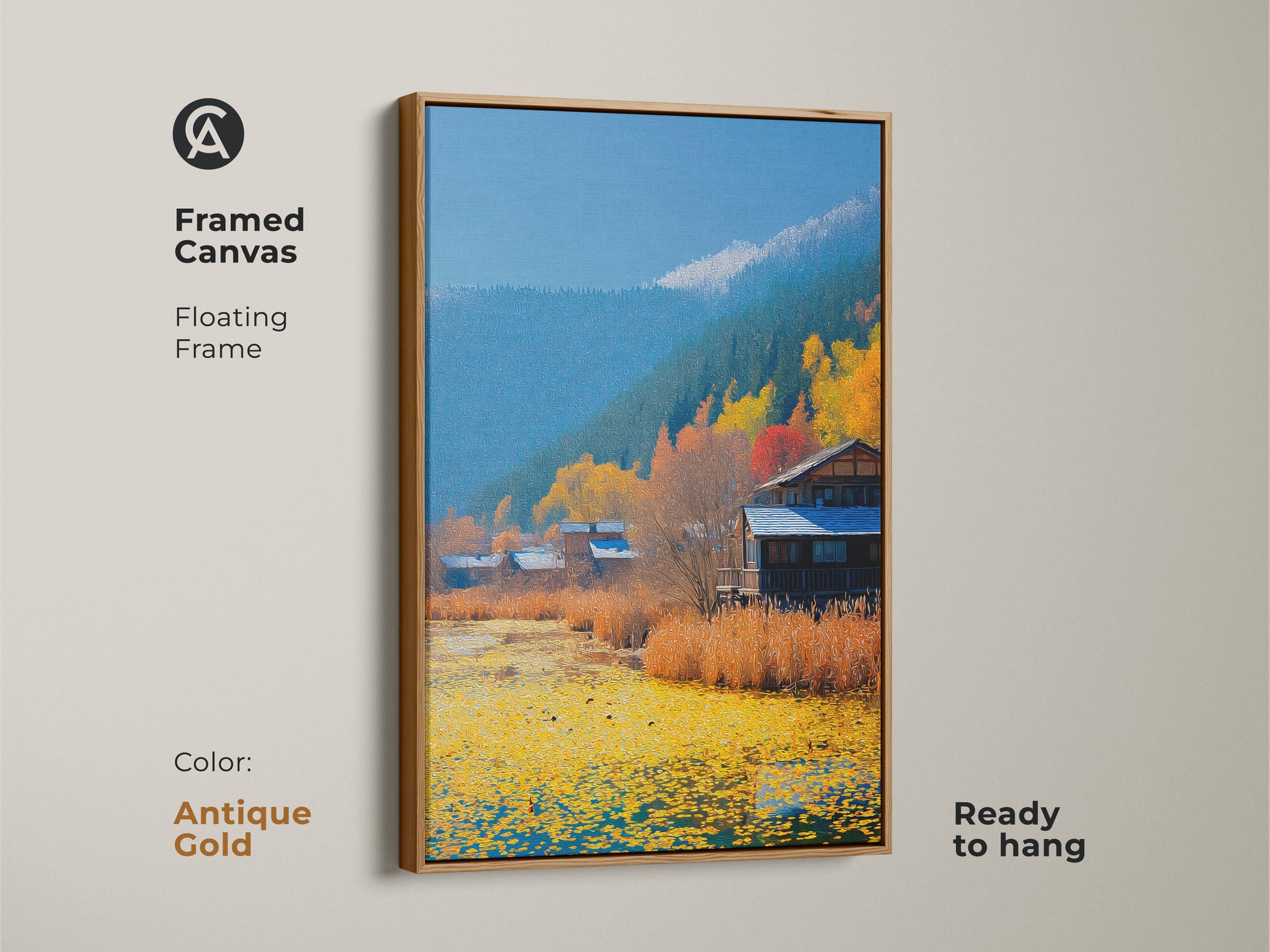 This rustic cabin landscape artwork is framed in antique gold. Autumn lake scene wall art is a beautiful folk art farmhouse decor. The art is ready to hang now.