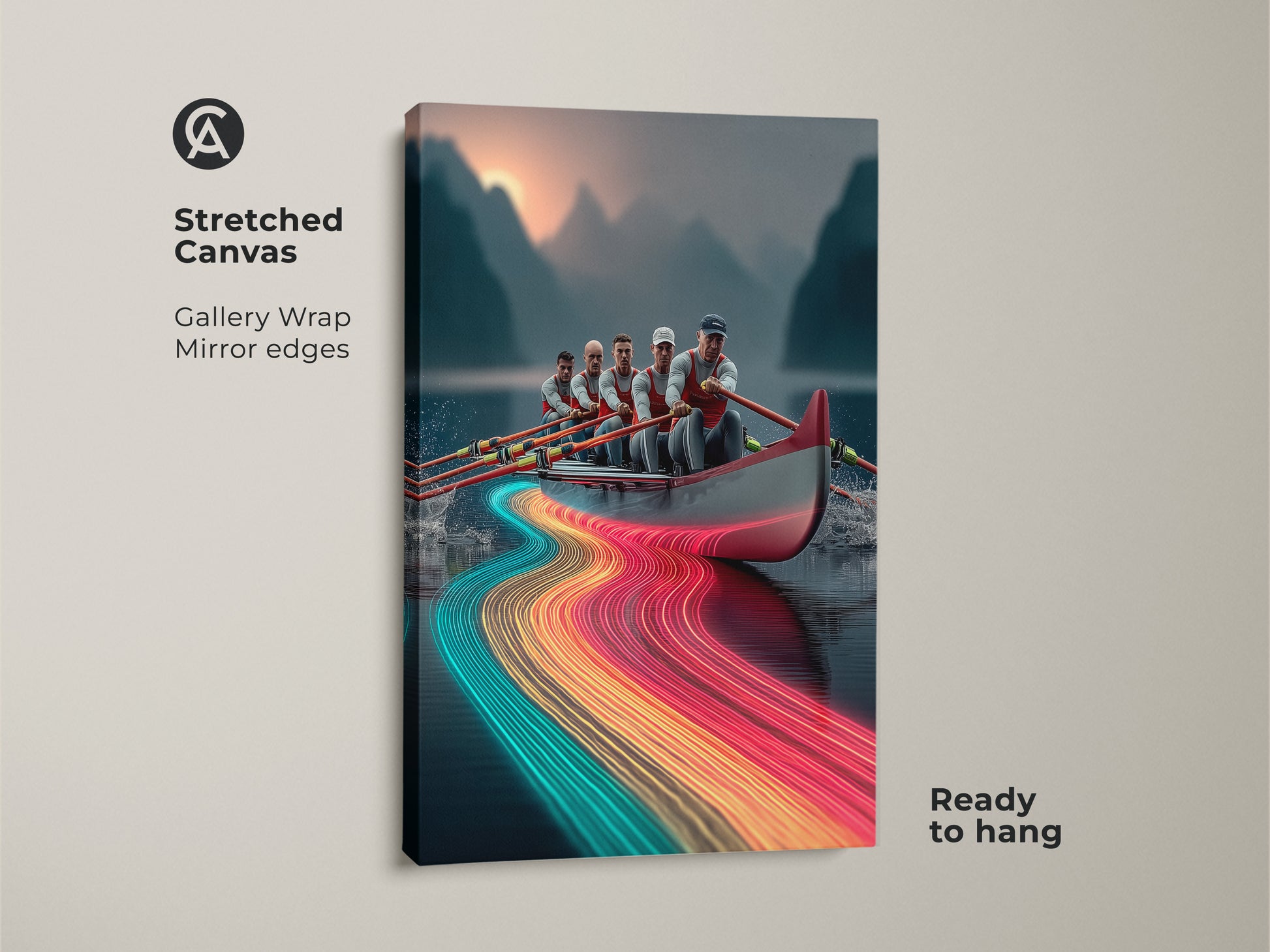 A stretched canvas displays a rowing team art piece. This abstract oar print uses gallery wrap mirror edges. It is ready to hang. The modern sports wall art uses neon light trails. This is great office wall decor.