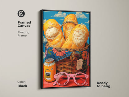 Framed canvas with floating black frame shows pop art bread. This eclectic artwork features retro jam jar and pink sunglasses. The vibrant yellow blue orange colors enhance any space. Ready to hang this still life print adds a fun touch to kitchen or cafe wall decor.